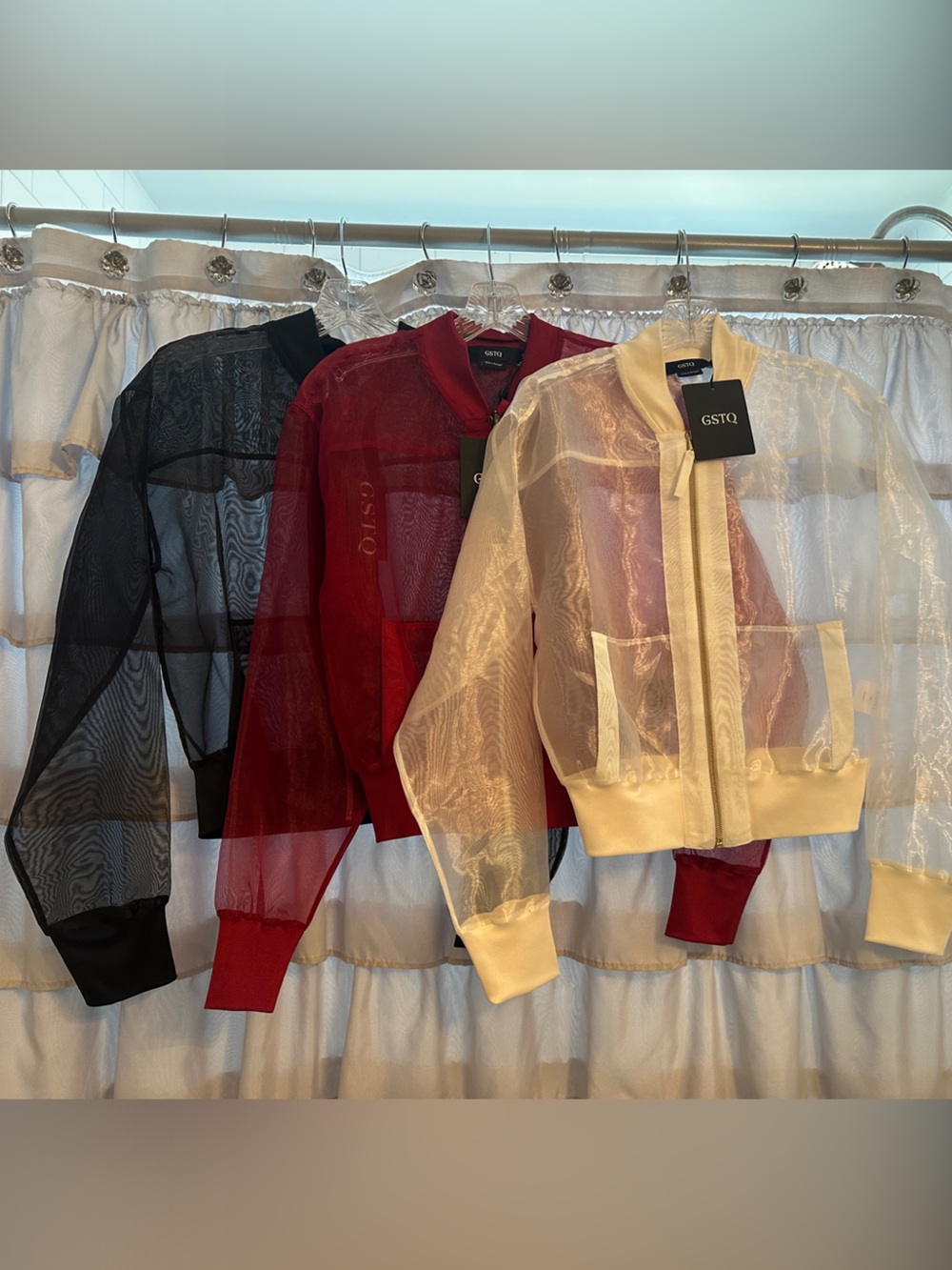 GSTQ Sheer Bomber Jacket in Cream, Red, Black